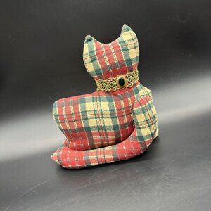 Vintage Cat Shaped Throw Pillow Red Green Plaid Stuffed Animal Kitty Kitten